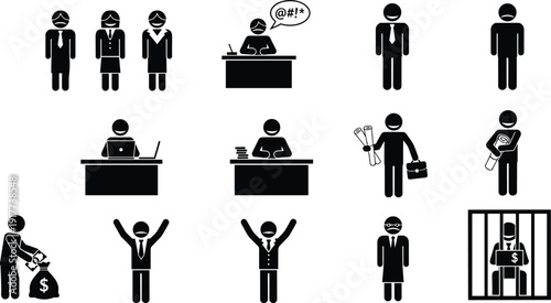 Business people and office worker silhouettes set, corporate employee roles corruption crime icons, professional career black stick figure vector illustration