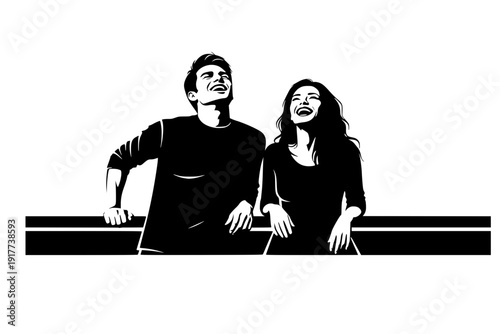 1950s Couple Laughing at Bar Silhouette Vector for Vintage Nightlife and Mid Century Social Party Illustration
