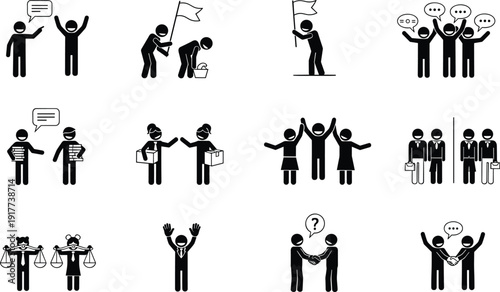 Business teamwork communication icon set, people discussion leadership negotiation partnership agreement success collaboration vector silhouette illustration corporate social interaction concepts