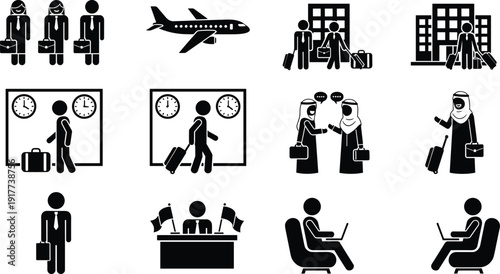 Business travel icon set with airport airplane passengers luggage corporate meeting office worker laptop tourism journey silhouette vector illustration collection
