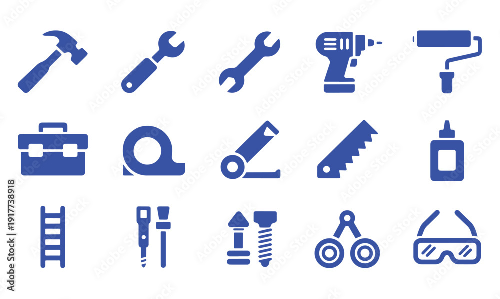 Fototapeta premium Blue Construction Tools Icons Set on White Background
