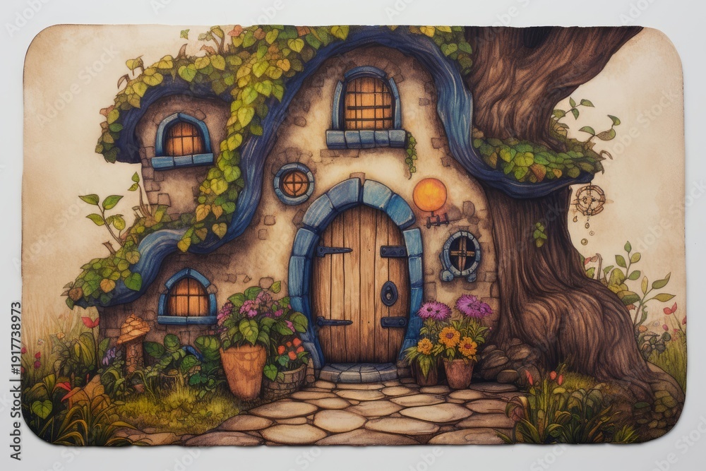 Obraz premium Charming fantasy house with a wooden door, surrounded by lush greenery and colorful flowers