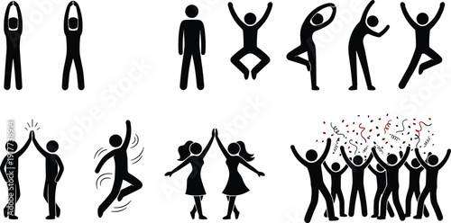 Celebration fitness yoga pose icon set with happy people jumping stretching teamwork success party silhouette vector illustration collection pack