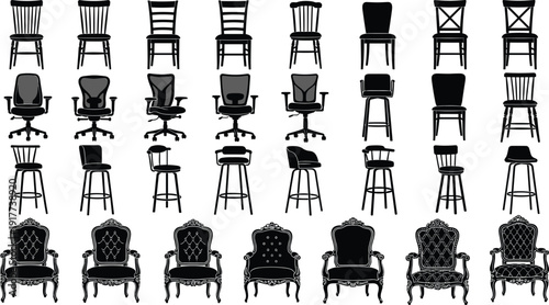 Chair silhouettes collection set, furniture icons bundle, office chair, dining chair, bar stool, vintage armchair vector illustration isolated design pack