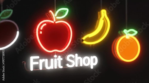 Vibrant neon fruit shop sign with colorful fruit icons