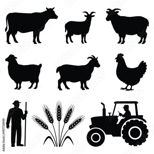 Farm Animal Silhouettes with Tractor and Farmer Wheat Stalks
