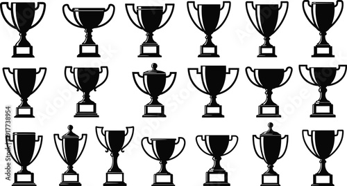 Champion trophy cup collection silhouette vector set, award winning prize icons, sports victory symbol bundle, black white isolated illustration design