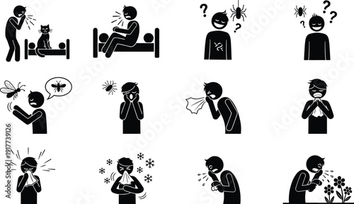 Allergy and sneezing symptoms silhouette icons, coughing reactions with insects dust pollen cat triggers, health problem black vector illustration set