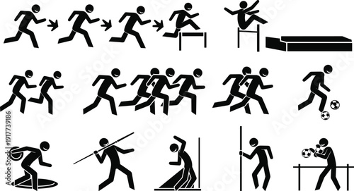Athletics and running sport icon set, track field training silhouettes vector illustration isolated competition exercise fitness activity design pack