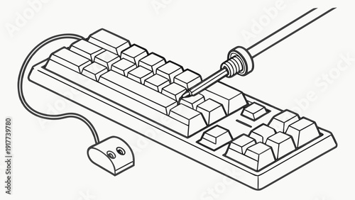 A screwdriver is used to repair a computer keyboard from a top-down viewpoint