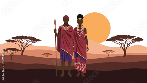 Traditional African couple dressed in red attire standing together in a scenic savanna landscape during a glowing sunset.
