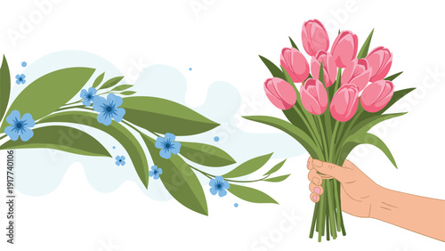 Human hand holding a vibrant bouquet of pink tulips next to a flowing arrangement of blue flowers and green leaves.