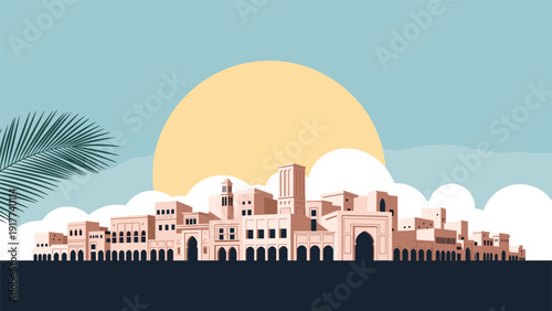 Panoramic view of a historic Middle Eastern town with traditional architecture under a large rising sun and a palm frond.