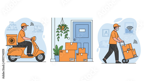 Sequence of safe delivery services showing a masked courier on a scooter, packages at a doorstep, and a man with a trolley.