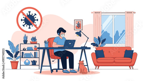 Professional man wearing a protective face mask while working on his laptop in a cozy home office setting during quarantine.