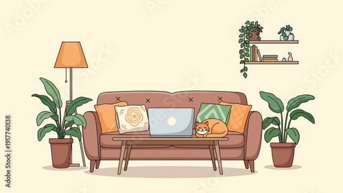Cozy living room interior illustration with a comfortable sofa, potted plants, a floor lamp, and a sleeping cat near a laptop.