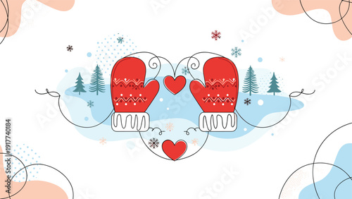 Pair of red winter mittens connected by a delicate line forming a heart shape amidst a snowy forest landscape background.