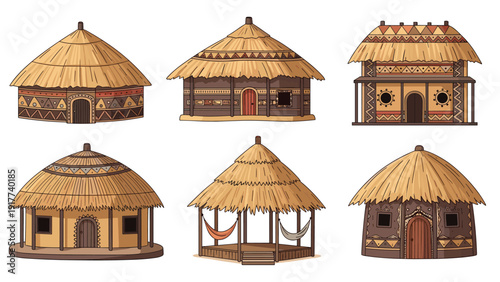 Collection of six unique traditional African huts with thatched roofs and decorative patterns on their circular earthen walls.