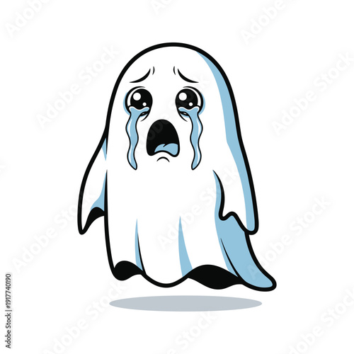 Crying ghost character with sad expression in cartoon style