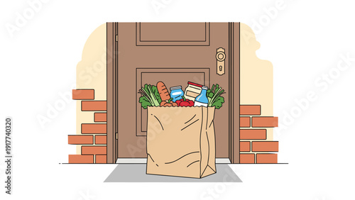 Brown paper grocery bag filled with fresh food and supplies left on a porch in front of a closed wooden apartment door.