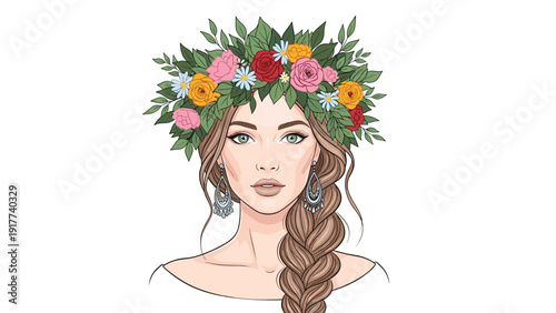 Exquisite portrait of a young woman with a long braided hairstyle wearing a colorful crown of blooming wild flowers.