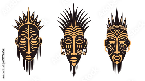Three distinct African tribal masks in black and tan colors, each showcasing unique geometric patterns and headgear styles.