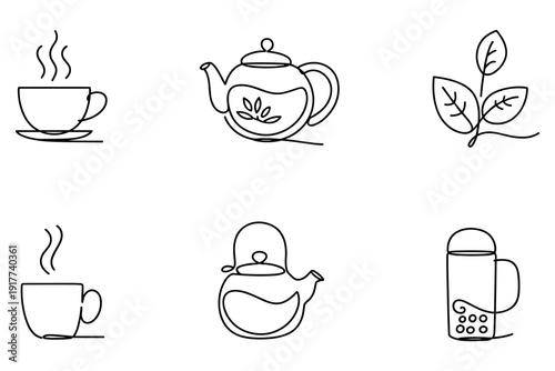 Tea Icons: Hot Drink Cup Teapot Leaves Kettle Bubble Tea Mug Line Art