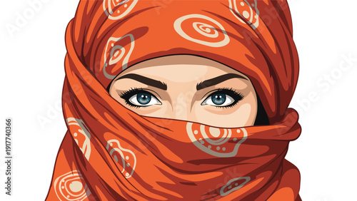 Close-up illustration of a woman's striking blue eyes with her face partially veiled by an orange patterned headscarf.