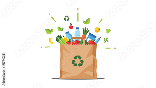 Brown paper grocery bag filled with fresh vegetables and water bottles, featuring a green recycle symbol on the front.