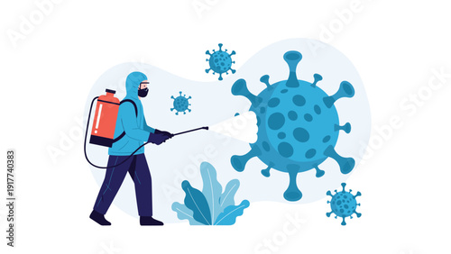 Healthcare worker in a protective hazmat suit using specialized equipment to spray and disinfect a giant virus molecule.