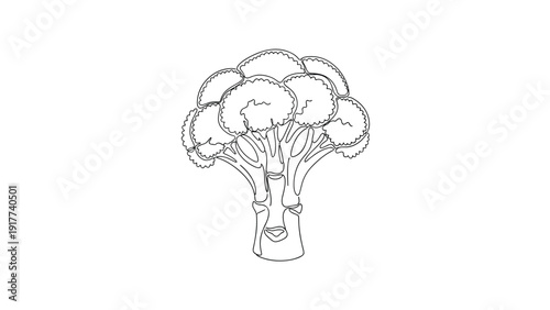 Minimalist one line drawing of a fresh broccoli vegetable on a white background showing the bushy head and thick stem in a single stroke.