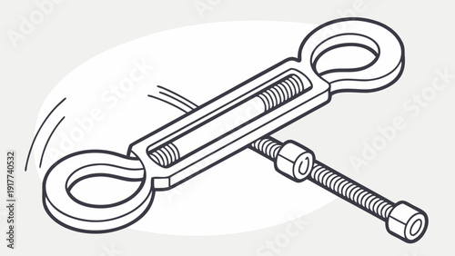A detailed illustration of a turnbuckle with threaded ends and nuts, showcasing its mechanical components and functionality in a technical drawing style