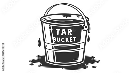A leaking tar bucket spills its contents on the ground viewed from the front in an illustration