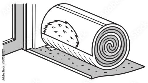 Roll of insulation material being placed beside a window frame against a wall, viewed from the side