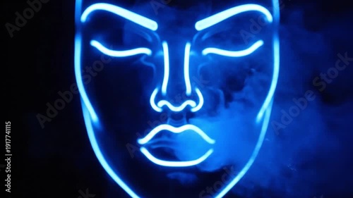 Glowing blue neon face mask with smoke effect