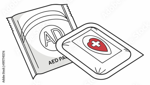 An Automated External Defibrillator package and open case viewed from above on a white surface