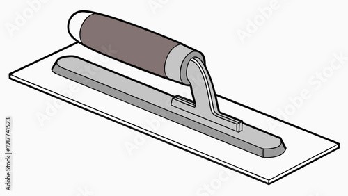 Illustration of a trowel smoothing a surface on a flat surface from an angled viewpoint in a construction environment