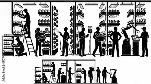 Vertical Farming Worker Silhouettes in Smart Agriculture Environment
