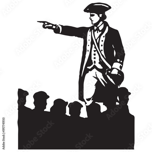 Colonial Patriot Orator Pointing to Crowd - Revolutionary War Speaker Vintage Silhouette Illustration