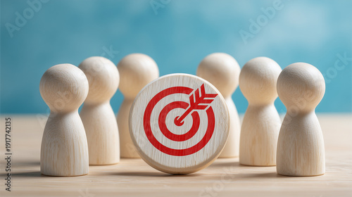 Target Audience Concept with Wooden Figures and Red Arrow on Bullseye