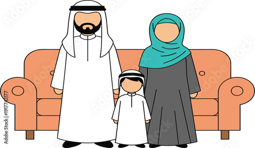 Arab Family Illustration with Father Mother and Child in Traditional Islamic Clothing Standing at Home Cultural Lifestyle and Middle Eastern People Design