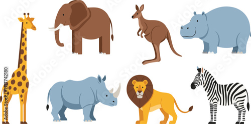 African Safari Animals Illustration Set with Lion Elephant Giraffe Zebra Rhino Kangaroo and Hippopotamus Wildlife Collection for Kids Education and Nature Design