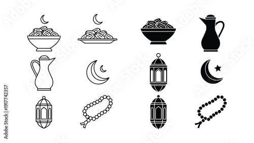 Ramadan icons set, black silhouettes, traditional symbols, Islamic motifs, simple graphics.