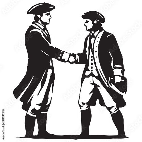 Colonial Gentlemen Shaking Hands Agreement - Revolutionary War Founding Fathers Vintage Silhouette