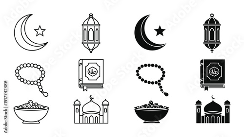 Ramadan icons set, black silhouettes on white background