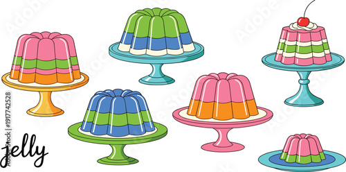 Colorful Jelly Dessert Collection Vector Set with Sweet Gelatin Puddings on Stands for Bakery Menu, Party Treats, Kids Food and Retro Dessert Designs