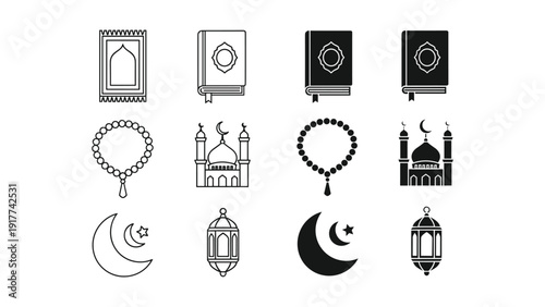 Islamic symbols set, black and white line art, Ramadan elements collection