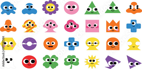 Cute Cartoon Monster and Funny Character Faces Vector Set with Colorful Kawaii Creatures for Kids Stickers Mascots Icons and Playful Design