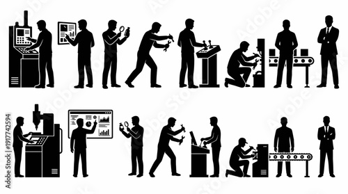 Smart Factory Worker Silhouettes in Industrial Automation Environment
