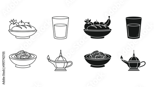 Set of black and white illustrations of various bowls and teapots